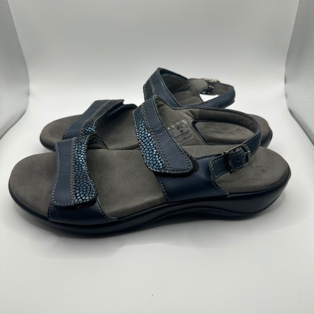 SAS Women Blue Leather‎ Metallic Accent Comfort Walking Sandals Size 8.5M